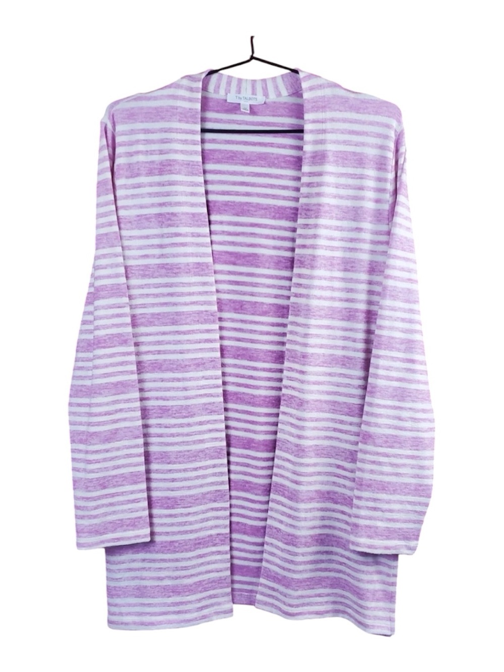 T by Talbots Long Sleeve Open Front Knit Cardigan Sweater Pink & White Stripe